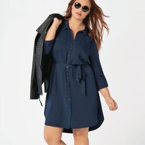 JUSTFAB Two Pocket Rayon Long Sleeve Midi Shirt Dress (XL) in Dark Indigo Blue